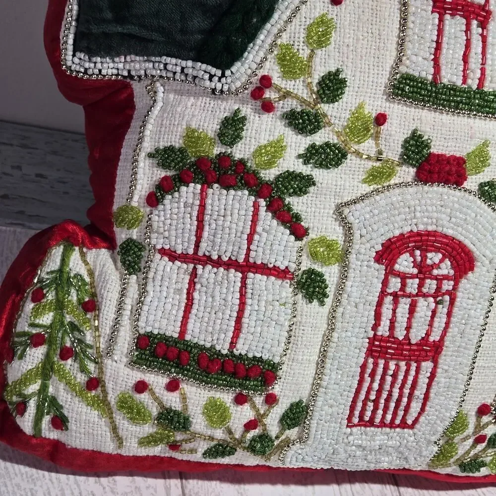 Christmas Gingerbread House Beaded Pillow NWT Red Green White Holiday Novogratz